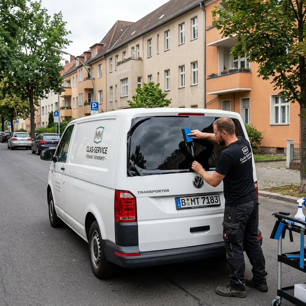 Ein Handwerker-Transporter erhält in einer ruhigen Straße eine blickdichte Sicherheitsfolierung