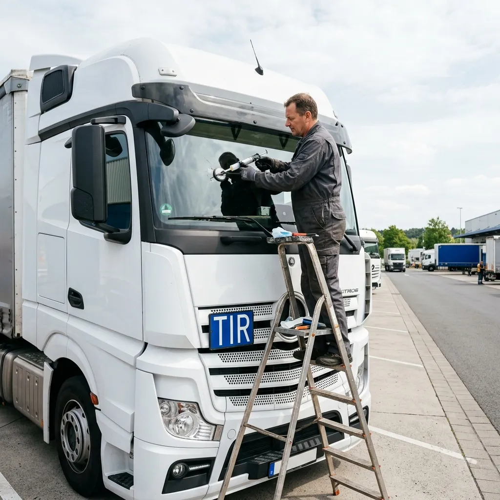 ABC Autoglas service technician repairs the windshield of a truck at a logistics yard