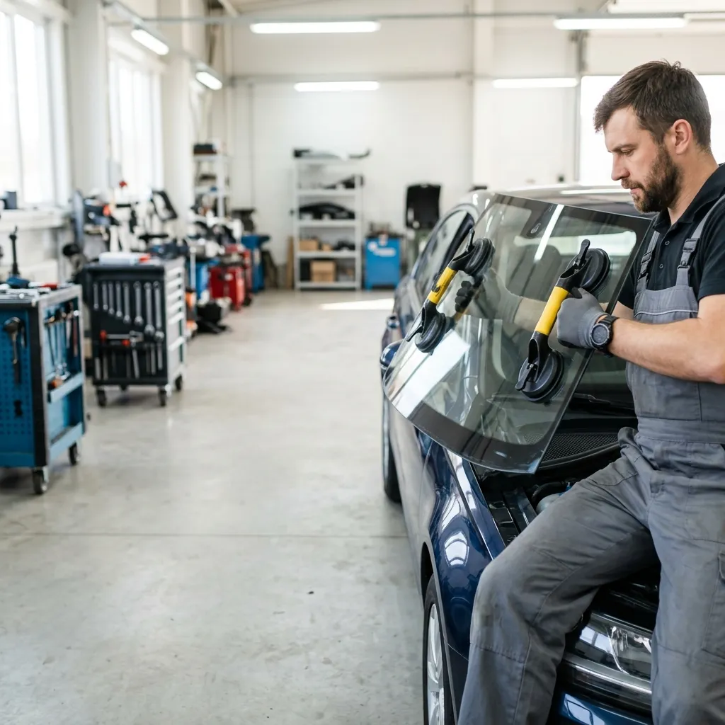 A mechanic replaces a windshield