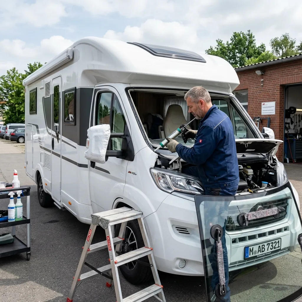 Repair of a large RV panoramic windshield by a professional